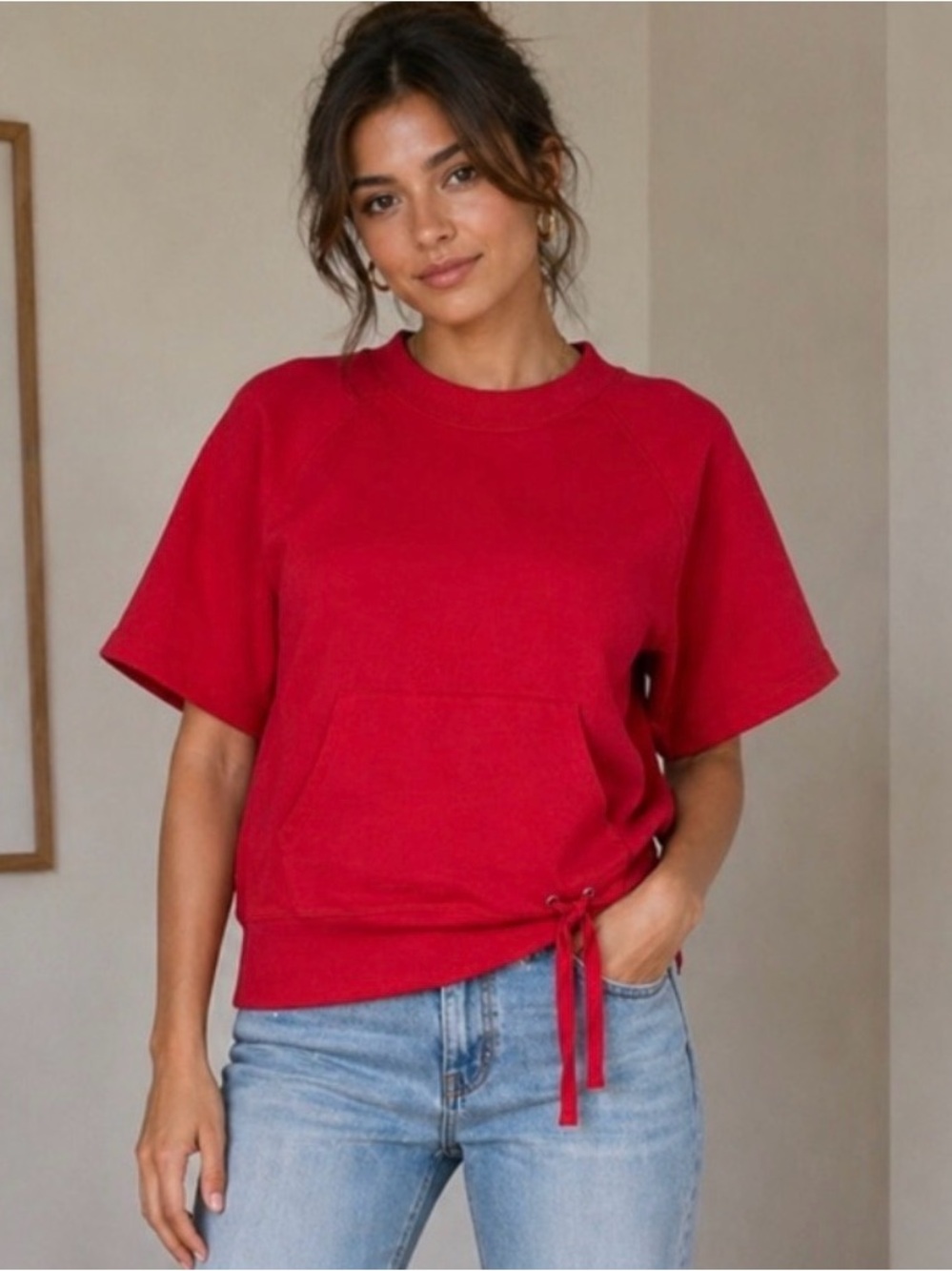 Coldwater Creek Bright Red Short-Sleeve Tunic Sweatshirt